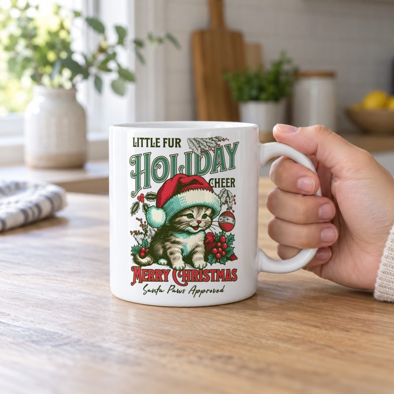 Person holding a white ceramic mug with a Santa-hat kitten with holly and an ornament graphic