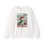 Front of the crewneck sweatshirt showing the Santa-hat kitten with holly and an ornament graphic