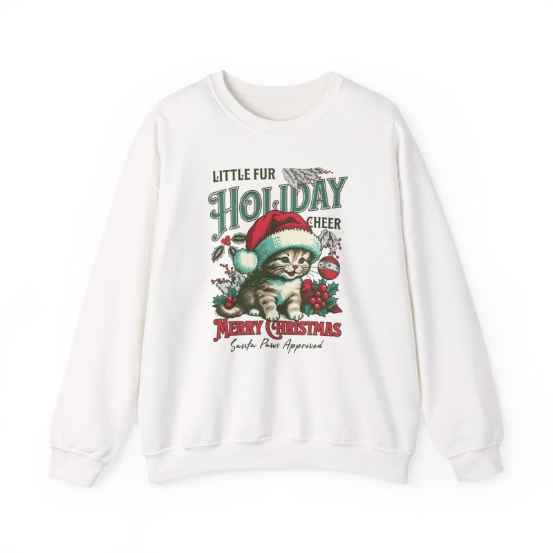 Front of the crewneck sweatshirt showing the Santa-hat kitten with holly and an ornament graphic