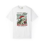 Front of the tee showing the Santa-hat kitten with holly and an ornament graphic
