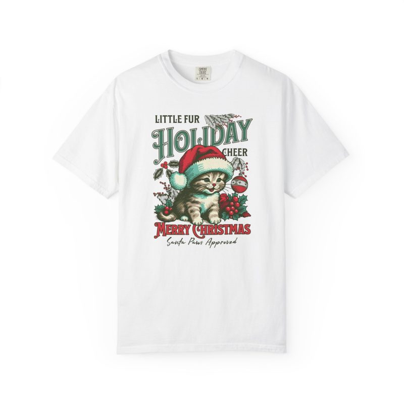 Front of the tee showing the Santa-hat kitten with holly and an ornament graphic