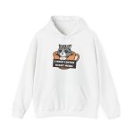 Front of the hoodie showing the gray tabby in an orange coffee cup graphic