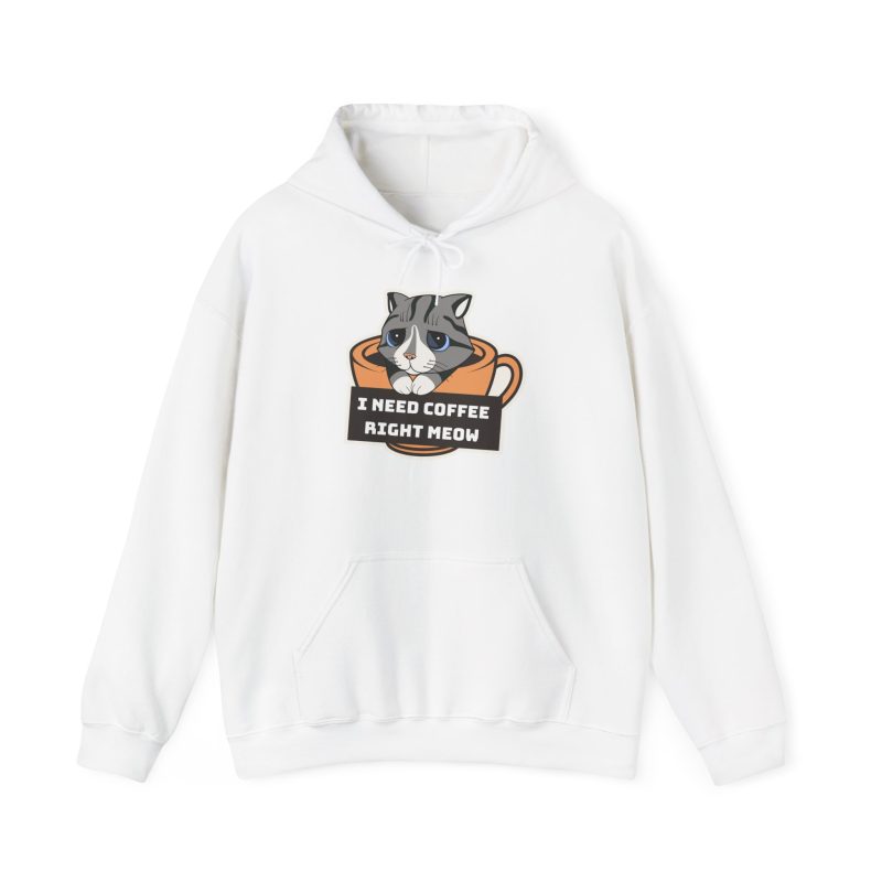 Front of the hoodie showing the gray tabby in an orange coffee cup graphic