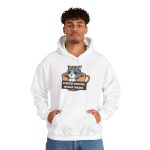 Person wearing a hoodie with a gray tabby in an orange coffee cup graphic on the front