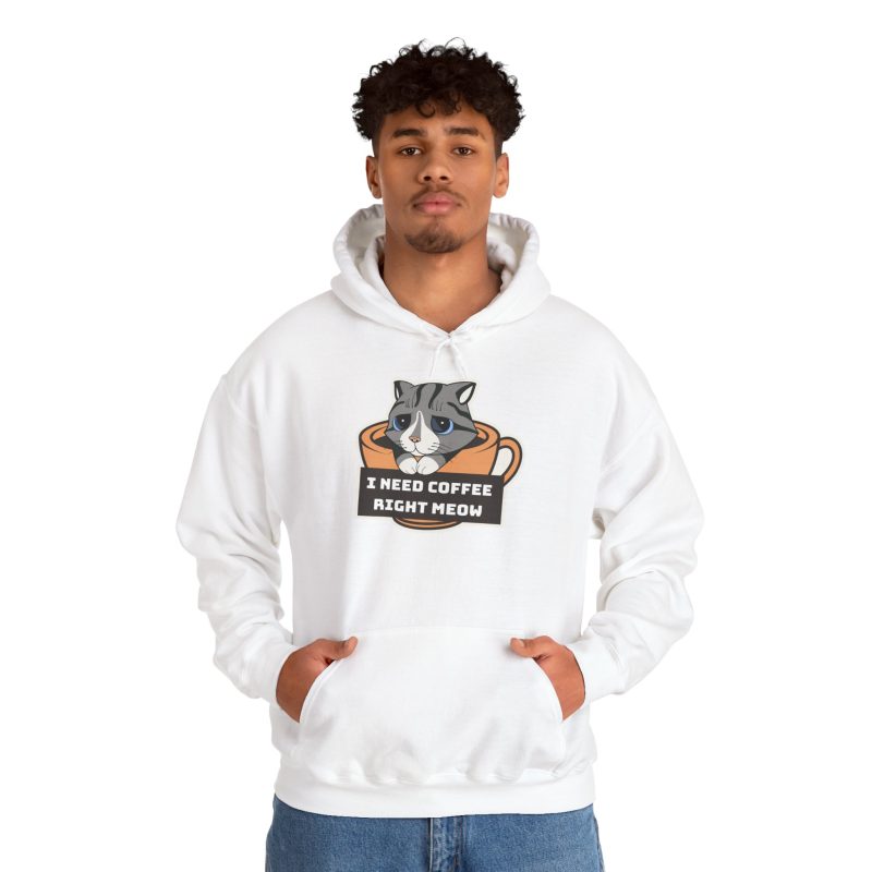 Person wearing a hoodie with a gray tabby in an orange coffee cup graphic on the front