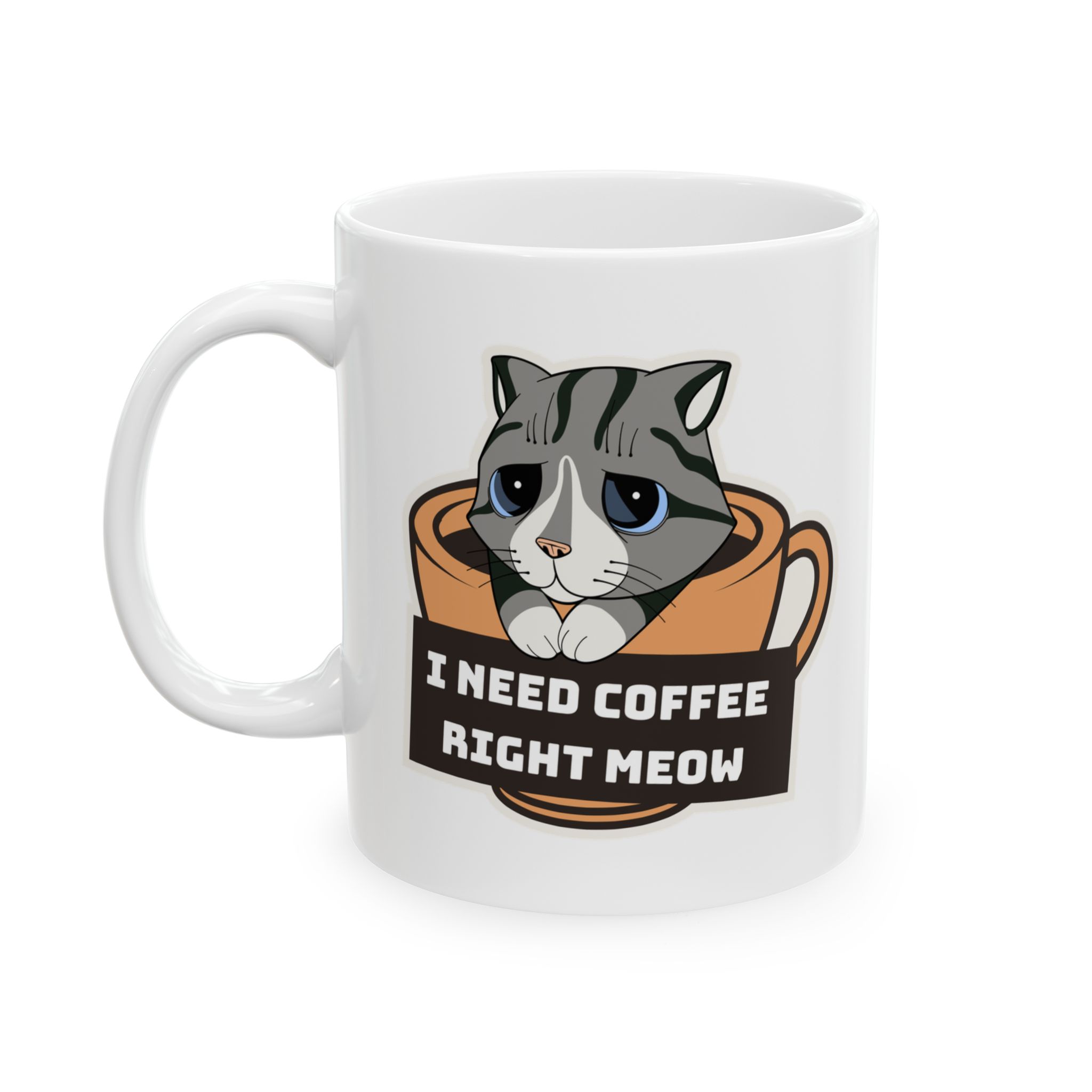 White ceramic mug showing the gray tabby in an orange coffee cup graphic