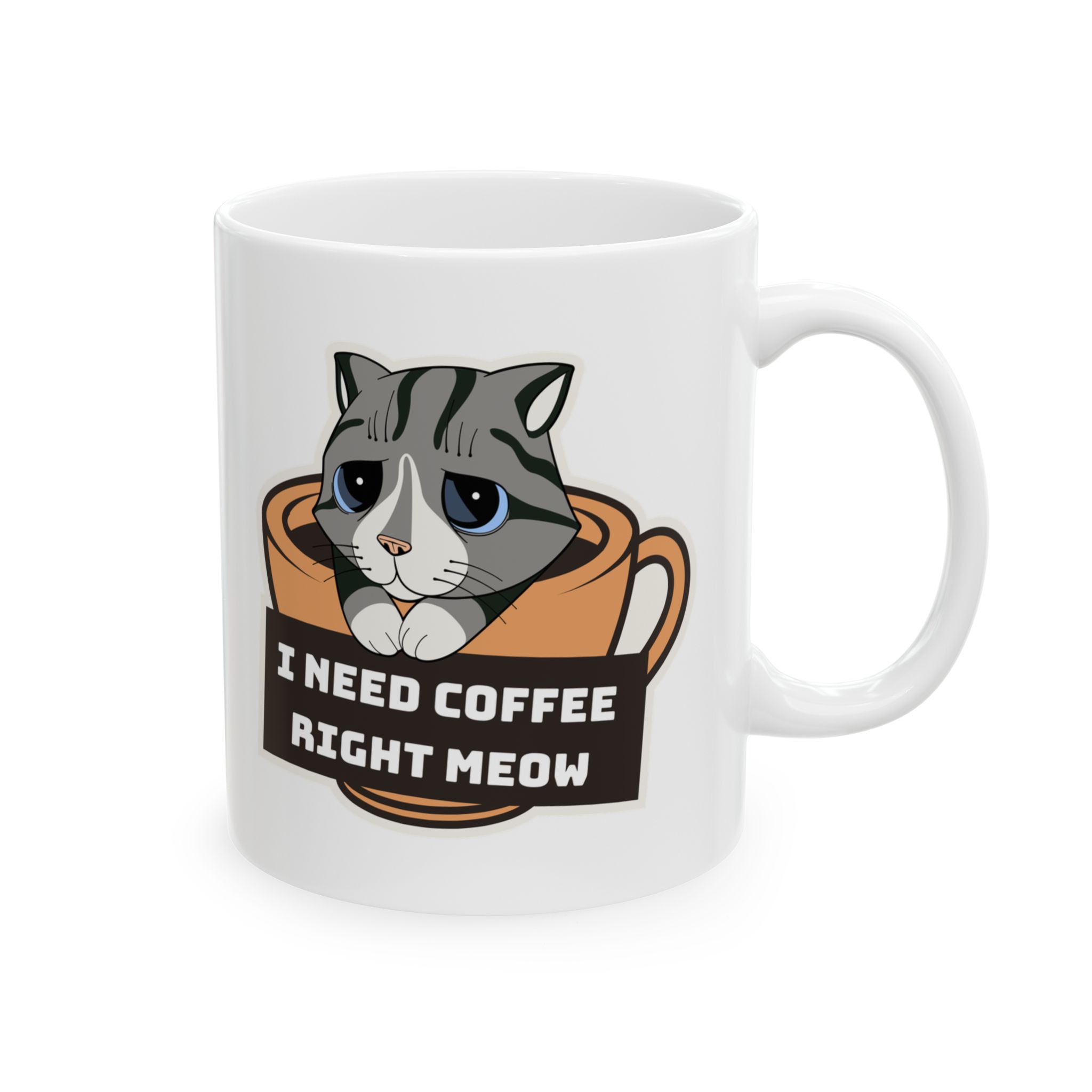 Opposite side of the white ceramic mug showing the matching gray tabby in an orange coffee cup graphic