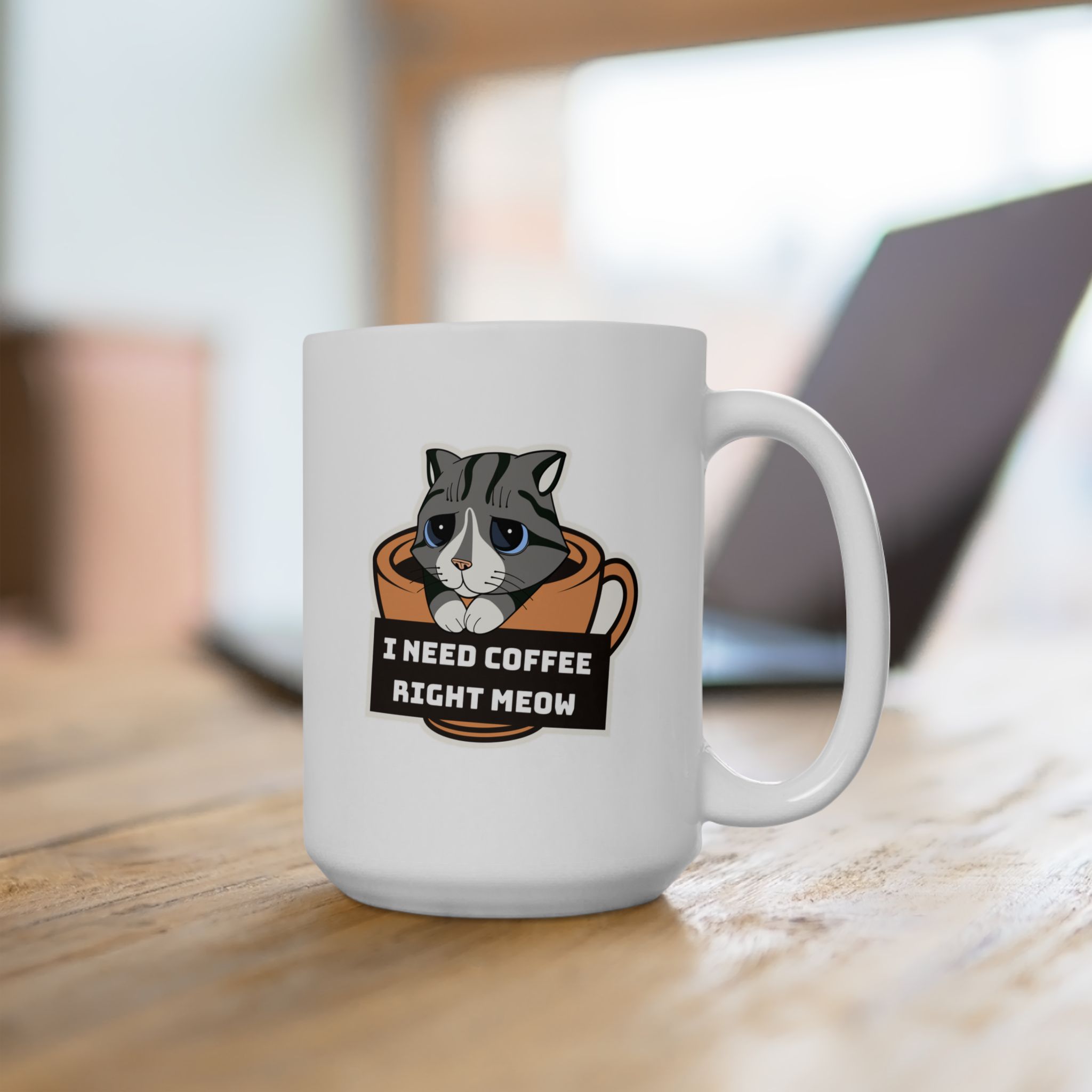 White ceramic mug showing the gray tabby in an orange coffee cup graphic