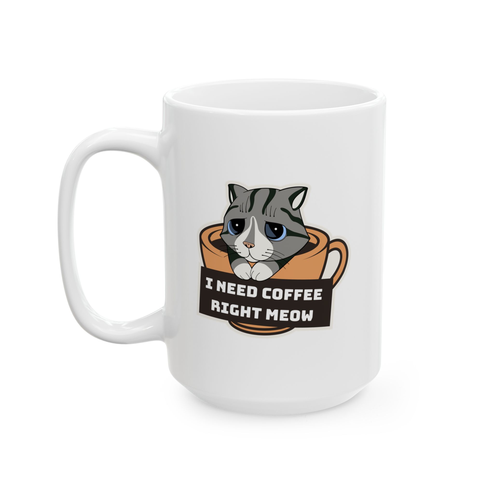 White ceramic mug showing the gray tabby in an orange coffee cup graphic