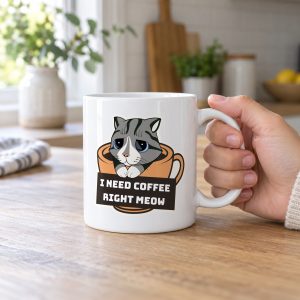 Person holding a white ceramic mug with a gray tabby in an orange coffee cup graphic