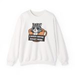 Front of the crewneck sweatshirt showing the gray tabby in an orange coffee cup graphic