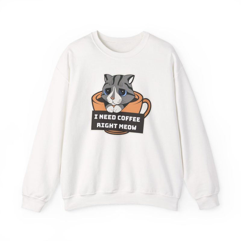 Front of the crewneck sweatshirt showing the gray tabby in an orange coffee cup graphic