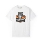 Front of the tee showing the gray tabby in an orange coffee cup graphic Front of the tee showing the gray tabby in an orange coffee cup graphic