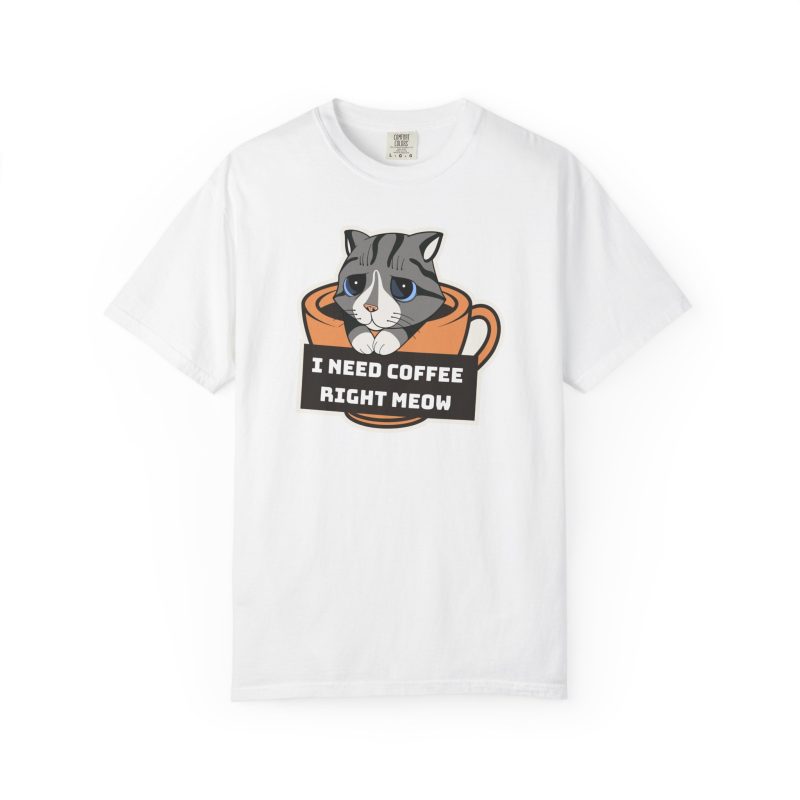 Front of the tee showing the gray tabby in an orange coffee cup graphic
