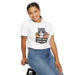 Person wearing a tee with a gray tabby in an orange coffee cup graphic on the front Person wearing a tee with a gray tabby in an orange coffee cup graphic on the front