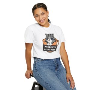 Person wearing a tee with a gray tabby in an orange coffee cup graphic on the front