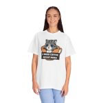 Person wearing a tee with a gray tabby in an orange coffee cup graphic on the front Person wearing a tee with a gray tabby in an orange coffee cup graphic on the front