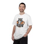 Person wearing a tee with a gray tabby in an orange coffee cup graphic on the front Person wearing a tee with a gray tabby in an orange coffee cup graphic on the front