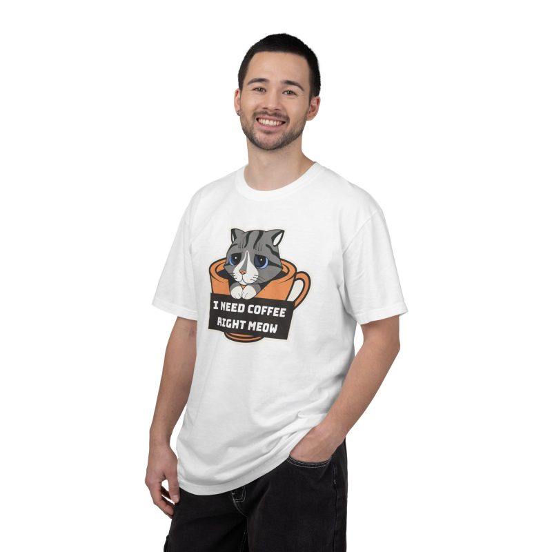 Person wearing a tee with a gray tabby in an orange coffee cup graphic on the front