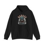 Front of the hoodie showing the tabby in a cap, jacket and scarf graphic