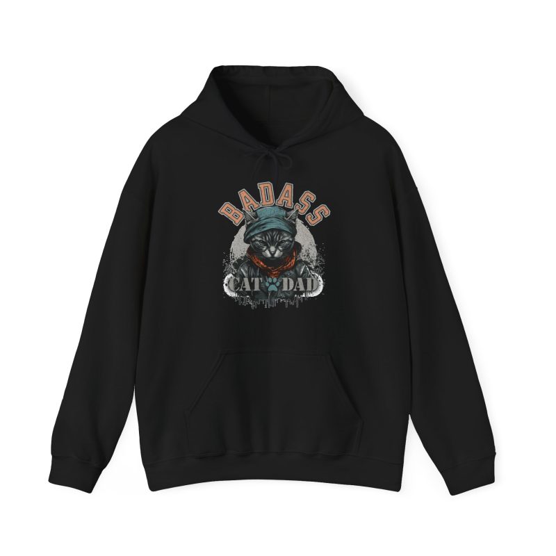 Front of the hoodie showing the tabby in a cap, jacket and scarf graphic