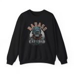 Front of the crewneck sweatshirt showing the tabby in a cap, jacket and scarf graphic