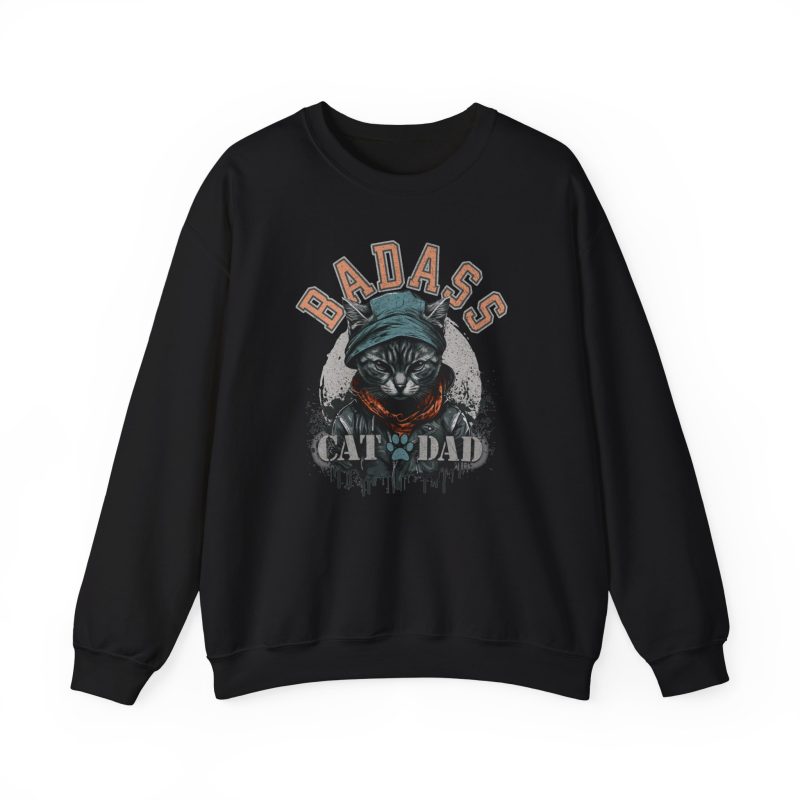 Front of the crewneck sweatshirt showing the tabby in a cap, jacket and scarf graphic