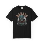 Front of the tee showing the tabby in a cap, jacket and scarf graphic
