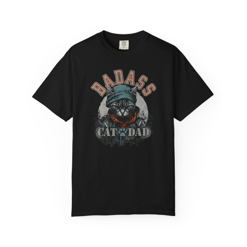 Front of the tee showing the tabby in a cap, jacket and scarf graphic