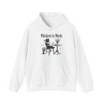 Front of the hoodie showing the cat reading a book at a café table graphic