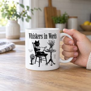 Person holding a white ceramic mug with a cat reading a book at a café table graphic