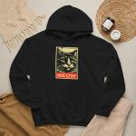 A bold cat portrait above a red lettering panel with MEOW lettering