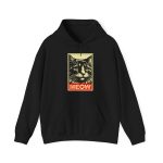 A bold cat portrait above a red lettering panel printed on the front of a hoodie