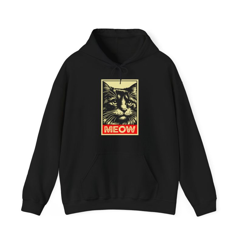 A bold cat portrait above a red lettering panel printed on the front of a hoodie