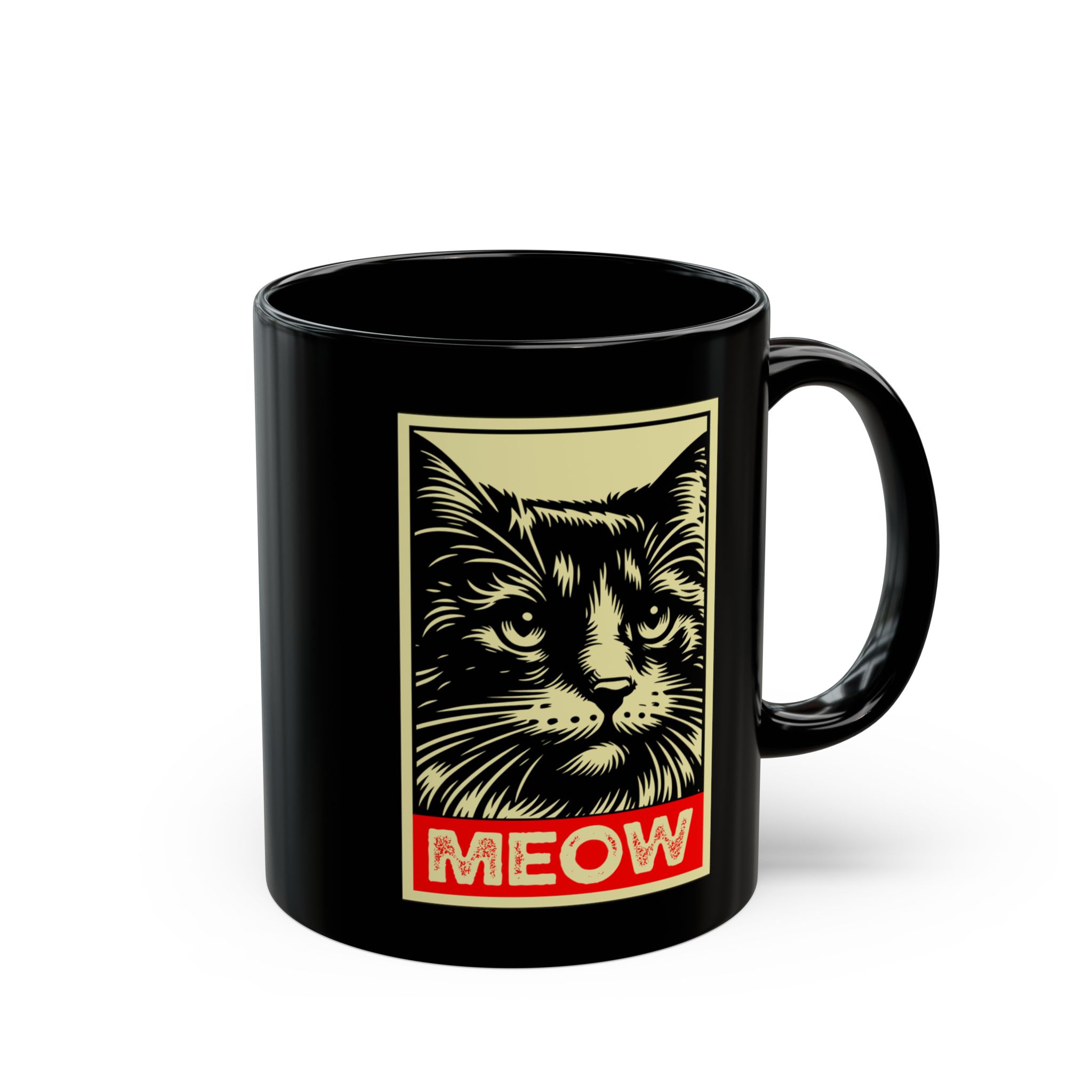 A bold cat portrait above a red lettering panel printed on a glossy black ceramic mug