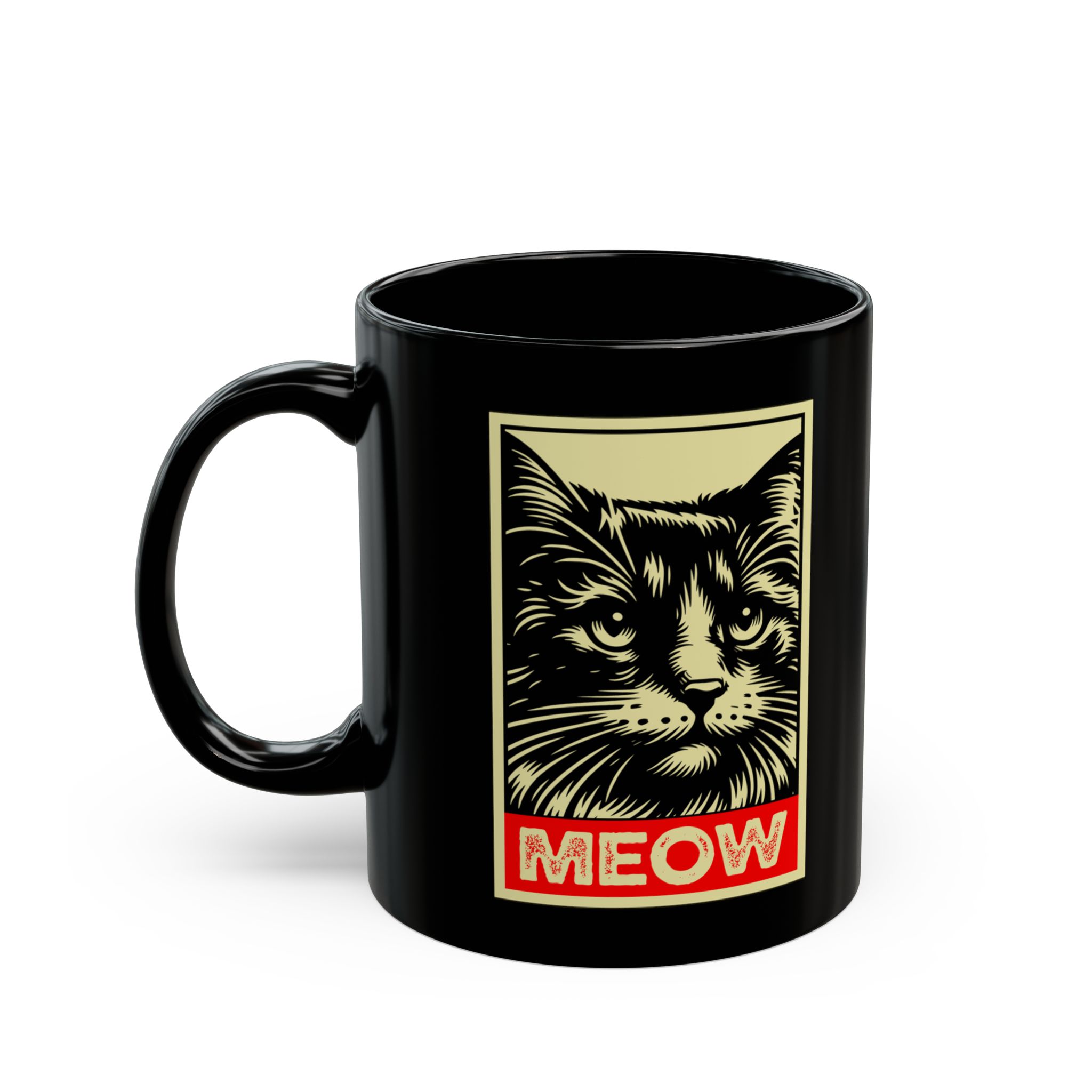 A bold cat portrait above a red lettering panel printed on a glossy black ceramic mug
