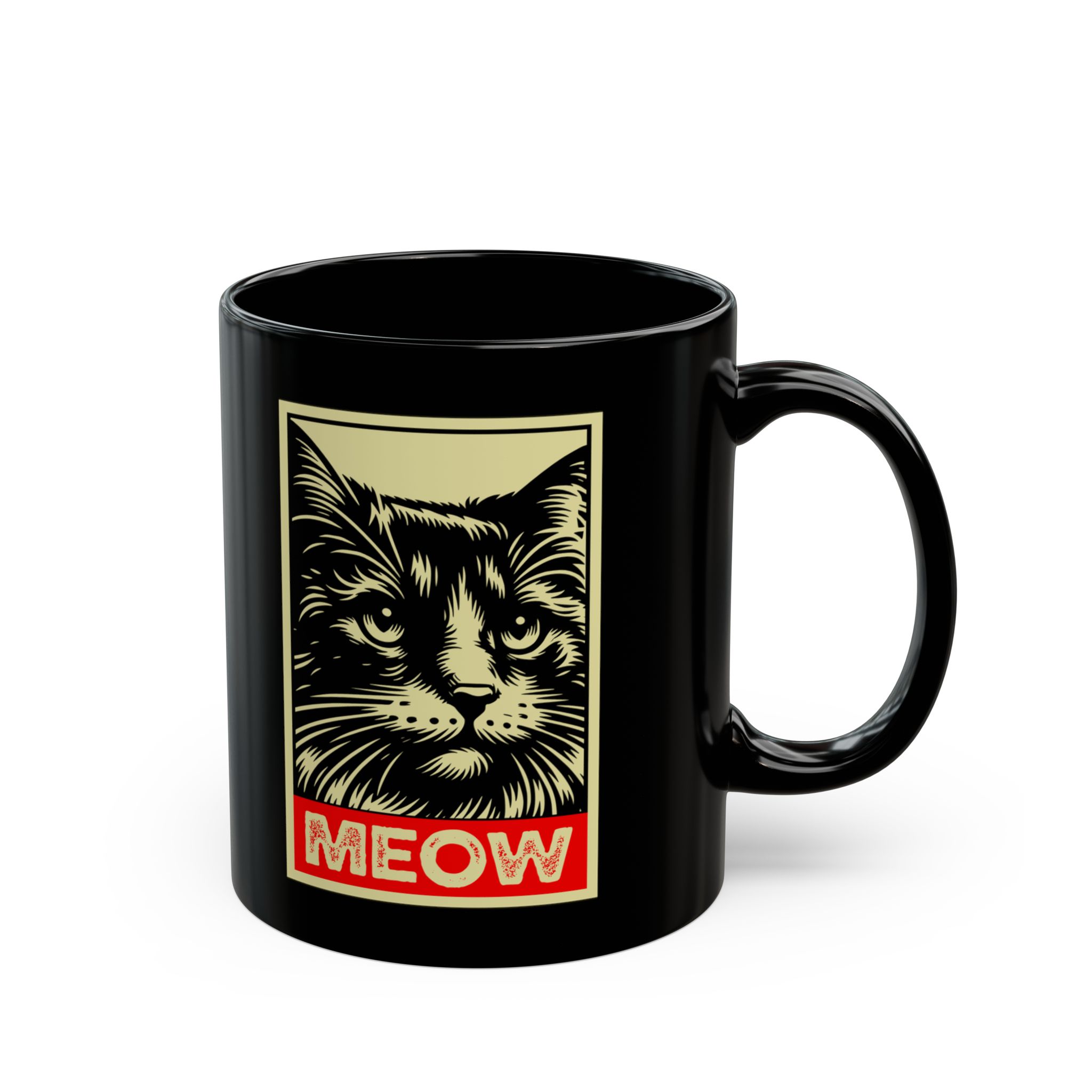 Opposite side of the glossy black ceramic mug with the matching bold cat portrait and red panel