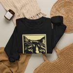 A bold cat portrait above a red lettering panel with MEOW lettering