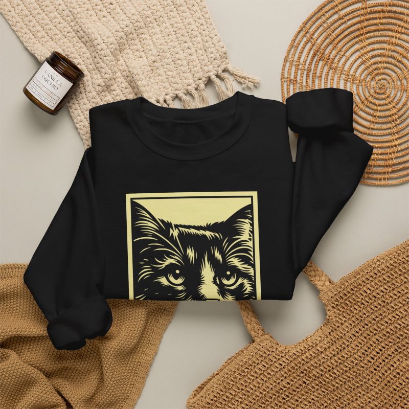 A bold cat portrait above a red lettering panel with MEOW lettering