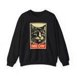 A bold cat portrait above a red lettering panel printed on the front of a sweatshirt