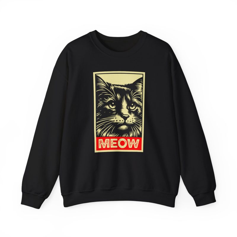 A bold cat portrait above a red lettering panel printed on the front of a sweatshirt