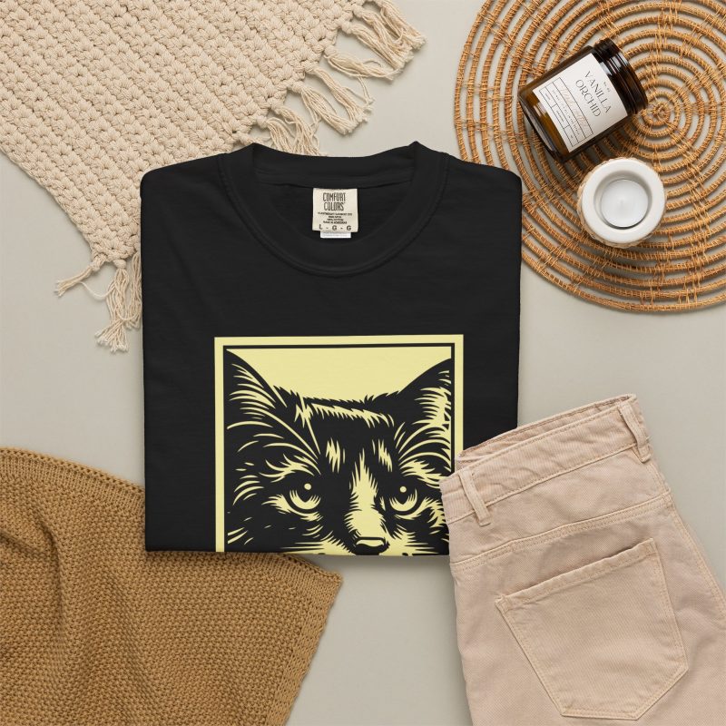 A bold cat portrait above a red lettering panel with MEOW lettering
