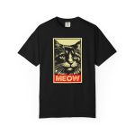 A bold cat portrait above a red lettering panel printed on the front of a shirt A bold cat portrait above a red lettering panel printed on the front of a shirt