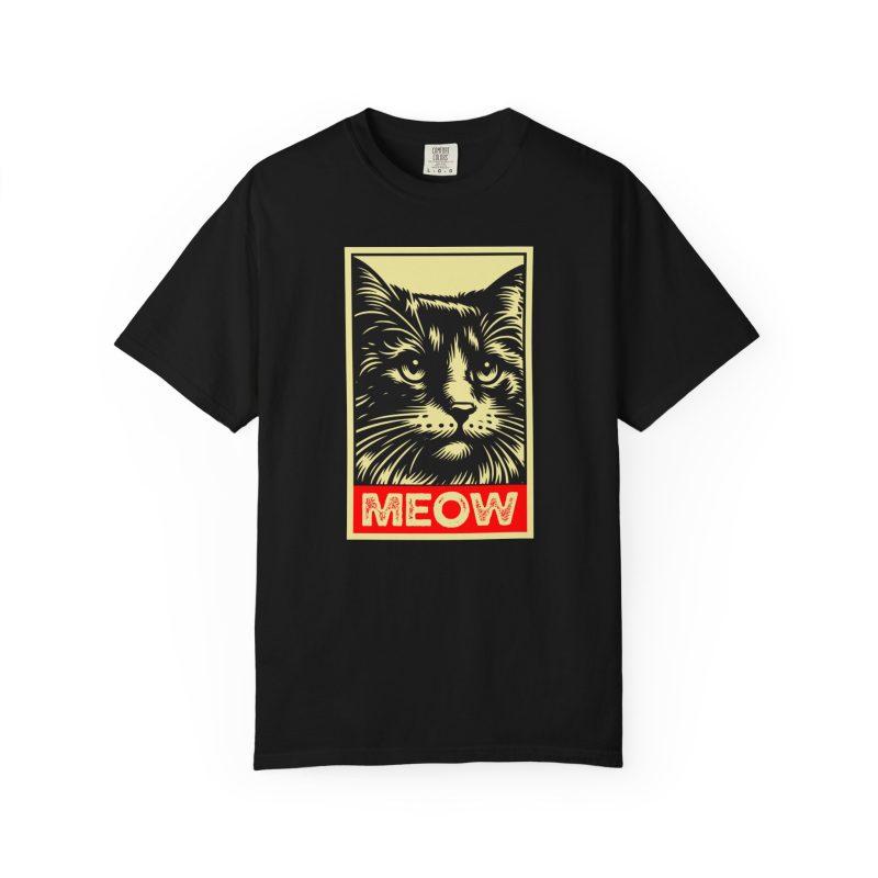 A bold cat portrait above a red lettering panel printed on the front of a shirt