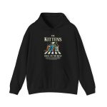 Four tabby cats crossing a street in a vintage illustration printed on the front of a hoodie