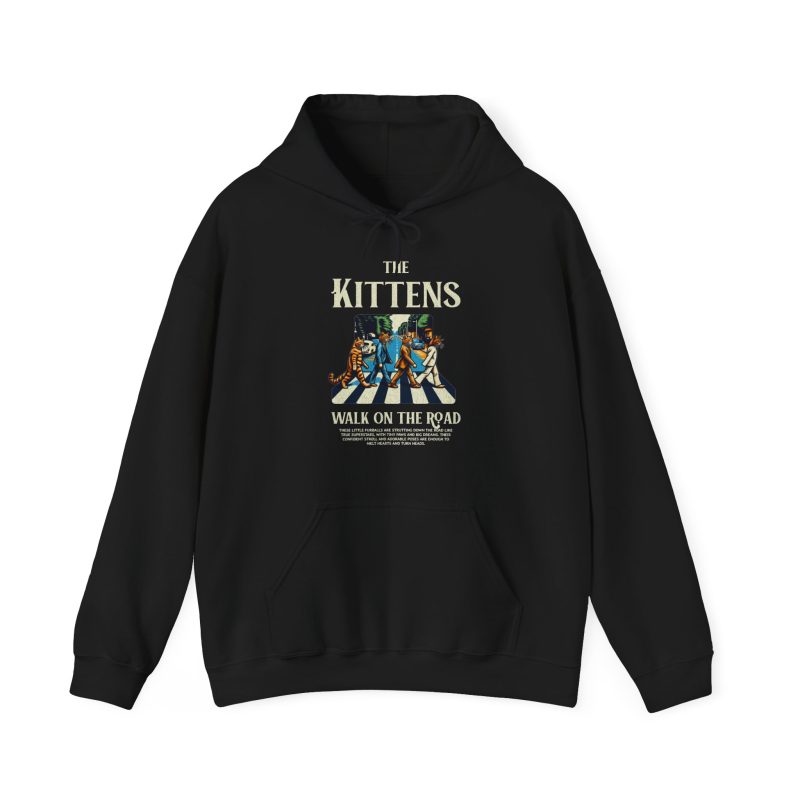 Four tabby cats crossing a street in a vintage illustration printed on the front of a hoodie