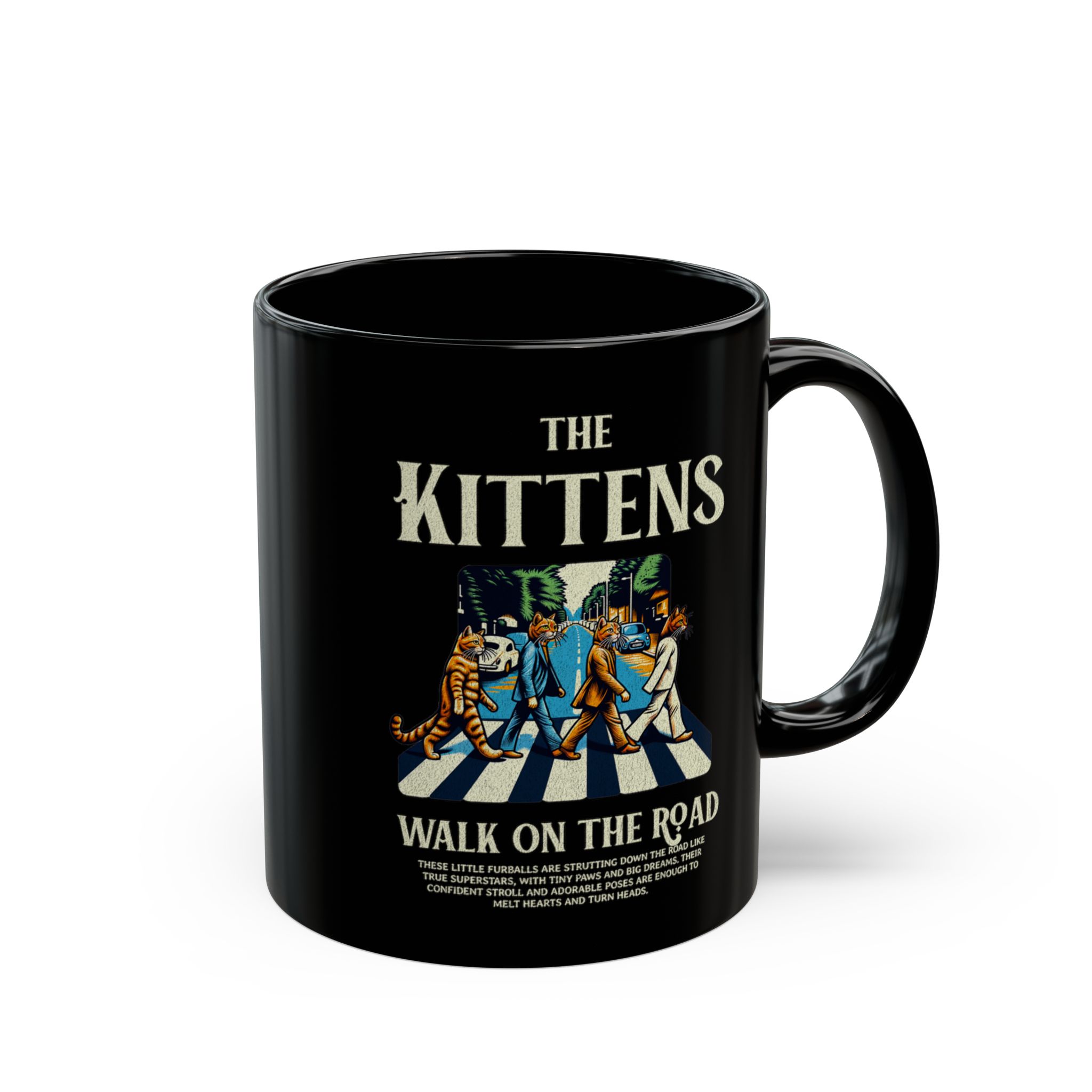 Four tabby cats crossing a street in a vintage illustration printed on a glossy black ceramic mug