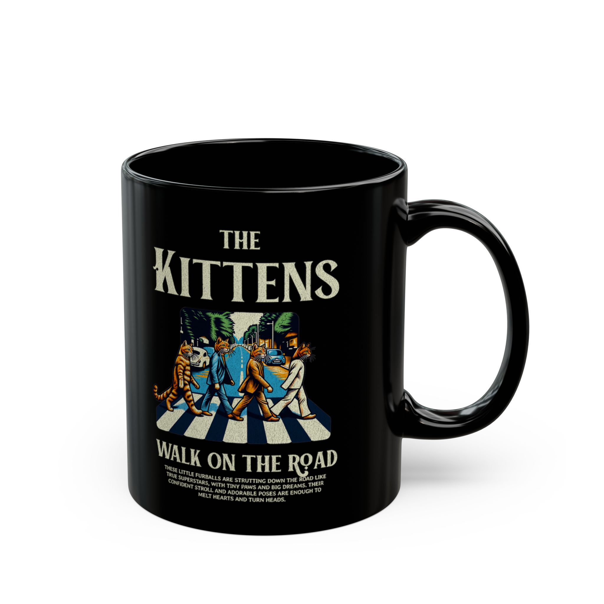 Opposite side of the glossy black ceramic mug with the matching crosswalk kittens