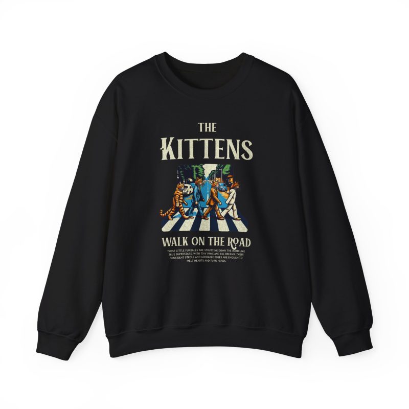 Four tabby cats crossing a street in a vintage illustration printed on the front of a sweatshirt