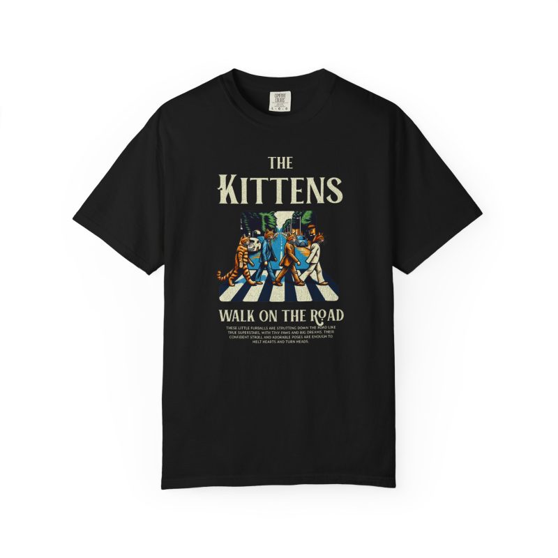 Four tabby cats crossing a street in a vintage illustration printed on the front of a shirt